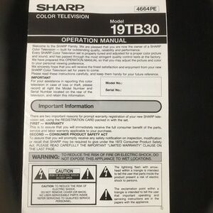 Vintage Sharp Color Tv Operation Manual for Model 19TB30